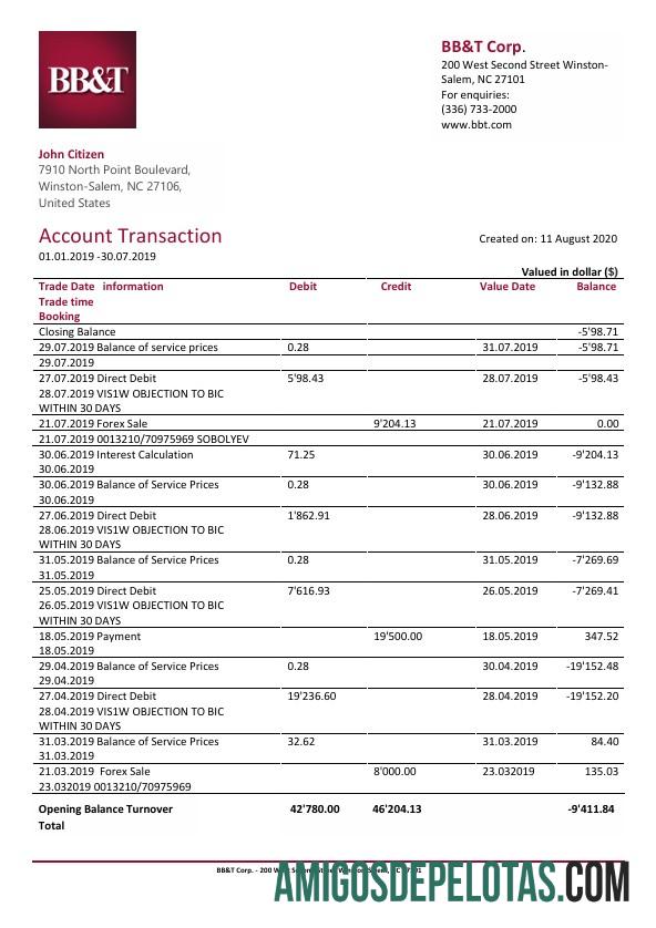 Modelo de extrato bancário imprimível da USA BB&T Corp. em formato Word e PDF